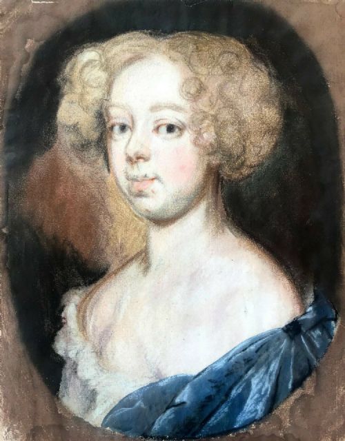 fig 1. Manner of Sir Peter Lely Antique Pastel Portrait Study Drawing Painting of a Wealthy 17th Century Lady in a Blue Dress