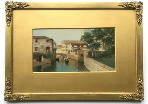 Eugenio Benvenuti Original Early 20th Century Antique Watercolour Painting Italy Venice Gondolier