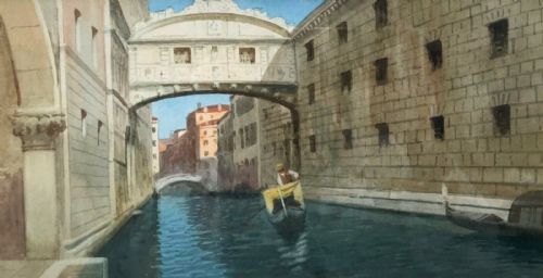fig 1. Eugenio Benvenuti Original Early 20th Century Antique Watercolour Painting Italy Venice Canal Bridge of Sighs