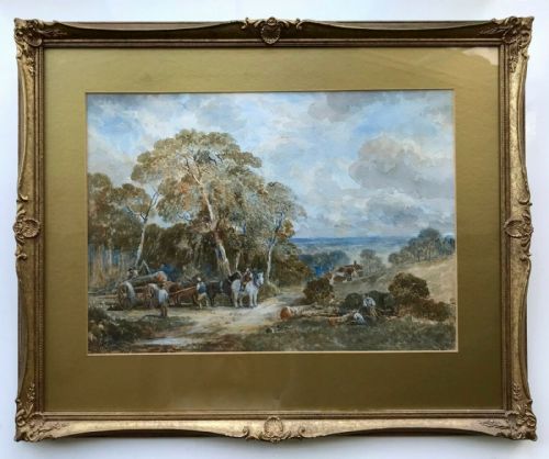 fig 1. William Bennett NWS Original 19th Century English Watercolour Painting Figures Wood Cutting Landscape