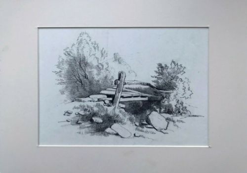 View of Trees Rocks & Old Bridge Original C19th English Antique Pencil Drawing Sketch Study