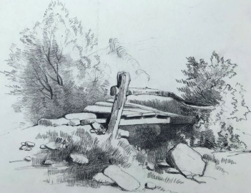 fig 1. View of Trees Rocks & Old Bridge Original C19th English Antique Pencil Drawing Sketch Study 