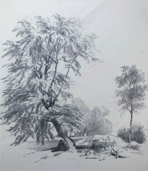 View of a Figure Sat Under Trees Original C19th English Antique Pencil Drawing Sketch Study