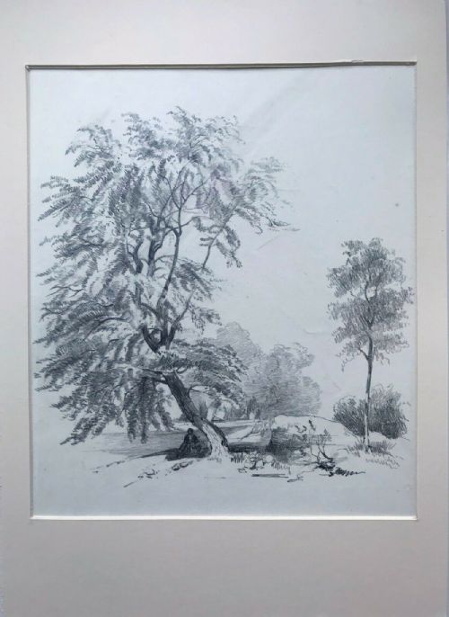 fig 1. View of a Figure Sat Under Trees Original C19th English Antique Pencil Drawing Sketch Study