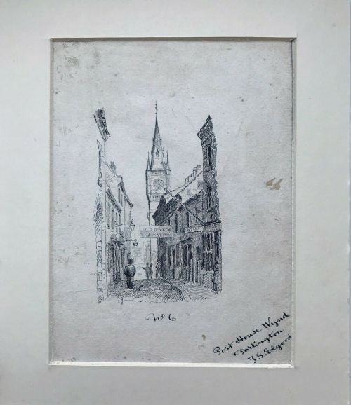 fig 1. Signed J S Elgood Original C19th English Antique Ink Drawing Post House Wynd Darlington
