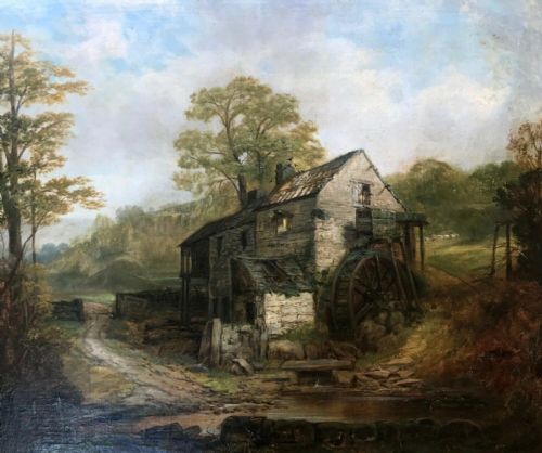 William Mitchell of Maryport Original 1896 19th Century English Antique Oil Painting Old Ellerbeck Mill in Cumbria