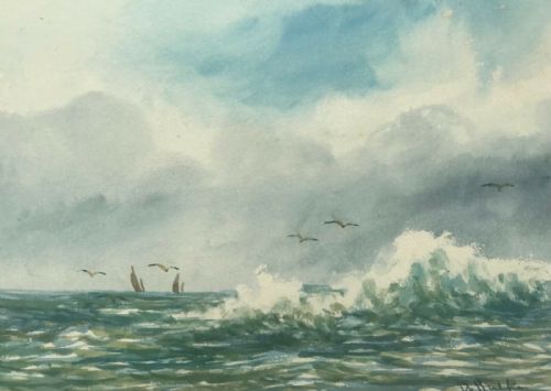Signed a Hulk Original Antique Watercolour Painting Fishing at Bognor Seascape