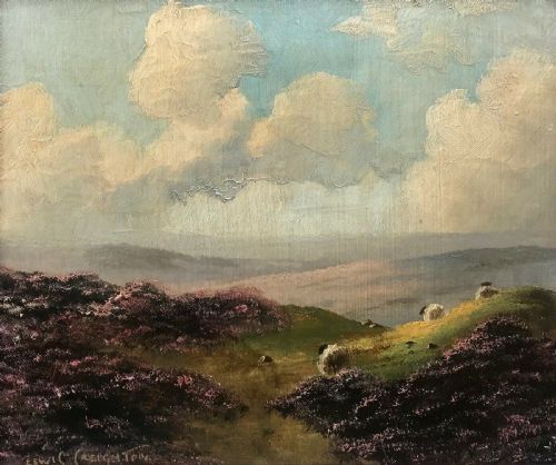 Lewis Creighton Original Signed 20th Century Oil Painting on Panel Sheep North Yorkshire Moors Scene