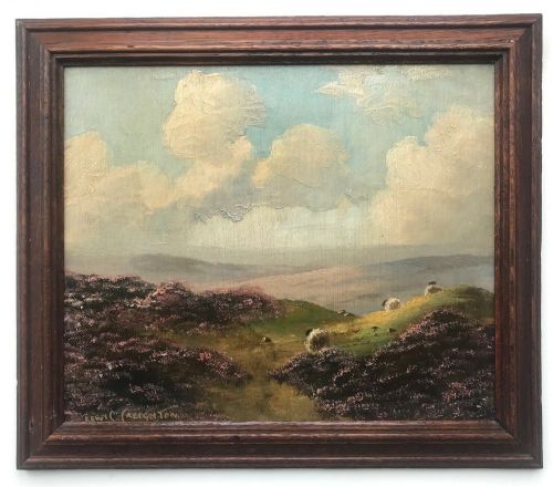 fig 1. Lewis Creighton Original Signed 20th Century Oil painting on Panel Sheep North Yorkshire Moors Scene