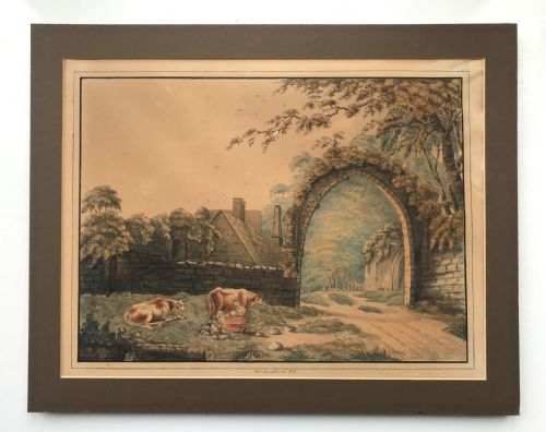 fig 1. Original 1796 Antique Watercolour Painting Milking Cows beside Medieval Ruins 18th Century Landscape