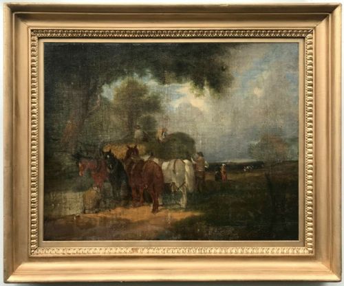 Style of William J Shayer 'Loading the Hay Cart' Original 19th Century English Antique Oil Painting