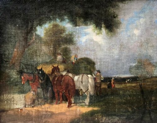 fig 1. Style of William J Shayer 'Loading the Hay Cart' Original 19th Century English Antique Oil Painting