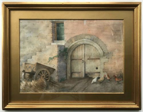 English School C19th Century 'York Cottage Sandringham', Original Watercolour Landscape Painting Hay Cart & Hens