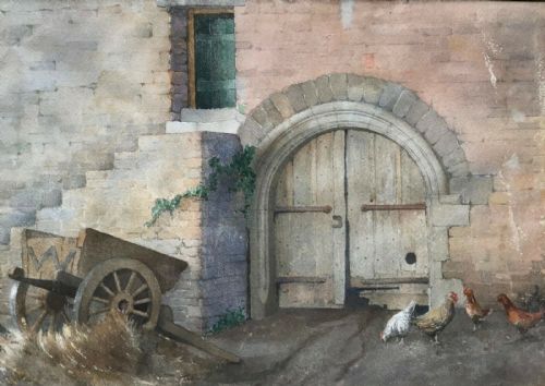 fig 1. English School c19th century 'York Cottage Sandringham', Original Watercolour Landscape Painting Hay Cart & Hens