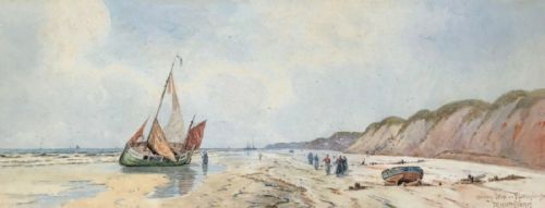 R Warren Vernon 'Belgium, Ostend & Blankenberge' Original 19th Century Antique Watercolour Fishing Seascape Painting