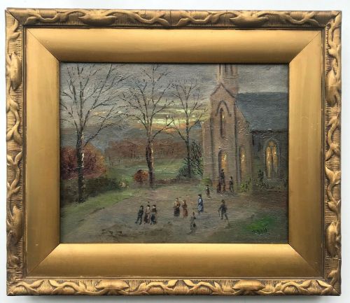 William Bell (Rsa Exh.1924) Scottish Antique Oil Painting Garelochhead Parish Church 'At Evening When the Sun Was Low'
