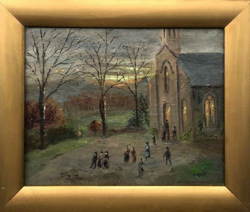 fig 1. William Bell (RSA Exh.1924) Scottish Antique Oil Painting Garelochhead Parish Church 'At Evening when the Sun was Low'
