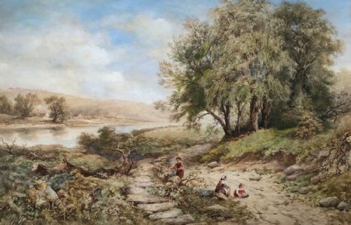 Charles M Mcarthur 1884 Original 19th Century English Antique Watercolour Painting Children Foraging in a Lakeland Landscape