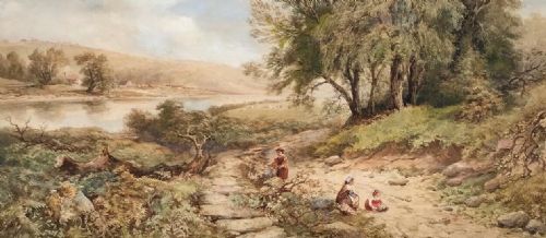 fig 1. Charles M McArthur 1884 Original 19th Century English Antique Watercolour Painting Children Foraging in a Lakeland landscape 