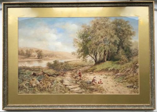 fig 3. Charles M McArthur 1884 Original 19th Century English Antique Watercolour Painting Children Foraging in a Lakeland landscape 