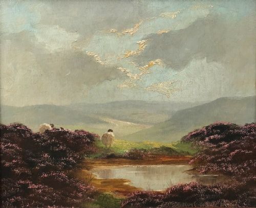 Lewis Creighton Signed Original Vintage English Oil Painting on Panel Sheep North Yorkshire Moors Landscape