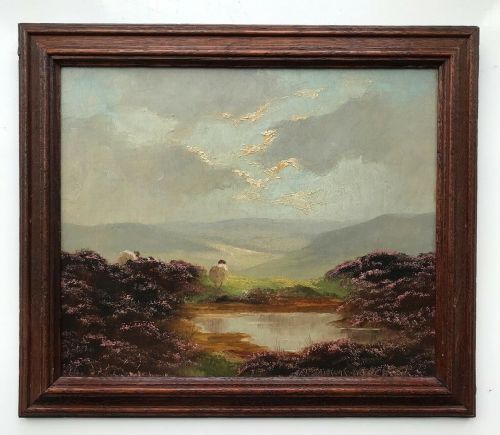 fig 1. Lewis Creighton Signed Original Vintage English Oil Painting on Panel Sheep North Yorkshire Moors Landscape