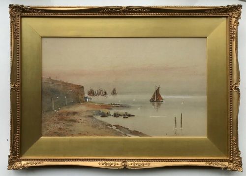 Walter Witham Original Antique Signed Watercolour Painting Coastal Landscape Fishing Harbour Seascape