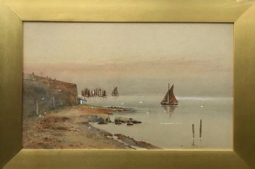 fig 1. Walter Witham Original Antique Signed Watercolour Painting Coastal Landscape Fishing Harbour Seascape