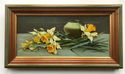 Original Antique Canvas Oil Painting Daffodils & Vase Still Life Flowers