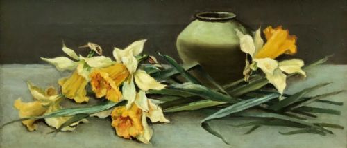 fig 1. Original Antique Canvas Oil Painting Daffodils & Vase Still Life Flowers