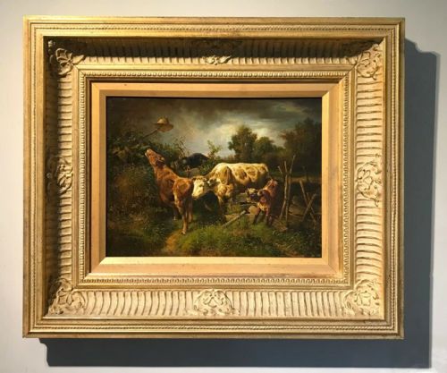 Gilt Framed English School Original Oil Painting Cattle Scene Cows on the Loose