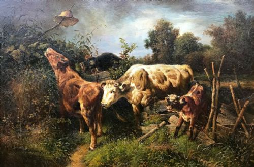 fig 1. Gilt Framed English School Original Oil Painting Cattle Scene Cows on the Loose