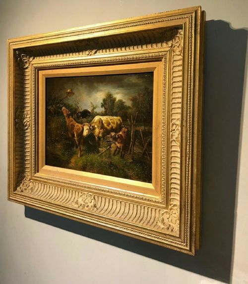 fig 2. Gilt Framed English School Original Oil Painting Cattle Scene Cows on the Loose