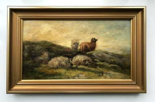 Signed Original Antique Oil Painting on Canvas Sheep Resting Moorland Landscape
