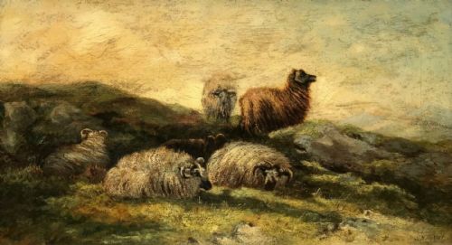 fig 1. Signed Original Antique Oil Painting on Canvas Sheep Resting Moorland Landscape