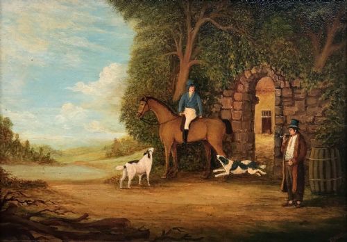 Indistinctly Signed Late 18th Century Original English Antique Oil Painting on Wood Panel, Horse Dogs & Master