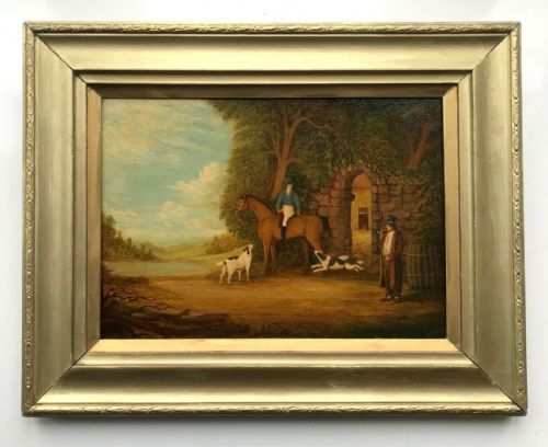 fig 1. Indistinctly Signed late 18th Century Original English Antique Oil Painting on Wood Panel, Horse Dogs & Master