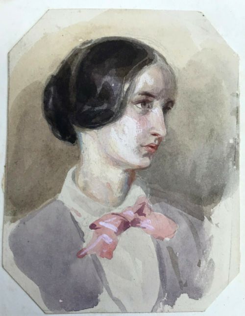 fig 1. Original Antique Watercolour Painting, Portrait Study of a Lady in Small Wooden Frame