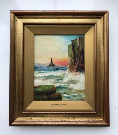 Signed W Ellis Original Antique English Oil Painting Cornish Coast Seascape with Distant Lighthouse