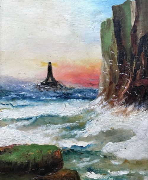 fig 1. Signed W Ellis Original Antique English Oil Painting Cornish Coast Seascape with Distant Lighthouse