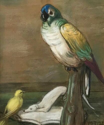 Maud D Heaps Original Antique Pastel Painting Parrot & Canary with Greyhound