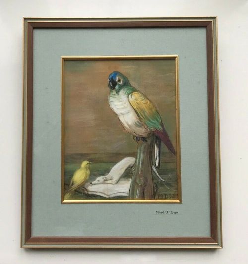 fig 1. Maud D Heaps Original Antique Pastel Painting Parrot & Canary with Greyhound