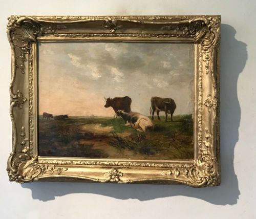 Signed James Ward Ra English School Early 19th Century Antique Canvas Oil Painting Cattle Watering Landscape