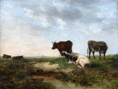 fig 1. Signed James Ward RA English School Early 19th Century Antique Canvas Oil Painting Cattle Watering landscape