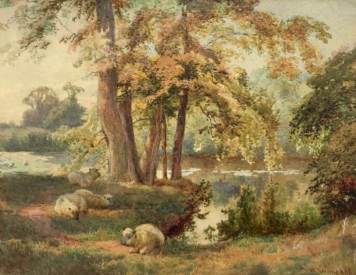 Charles Collins Rba Original 19th Century English Watercolour Painting Sheep Resting by a Riverside