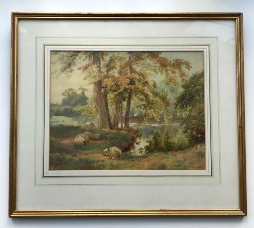 fig 1. Charles Collins RBA Original 19th Century English Watercolour Painting Sheep Resting by a Riverside