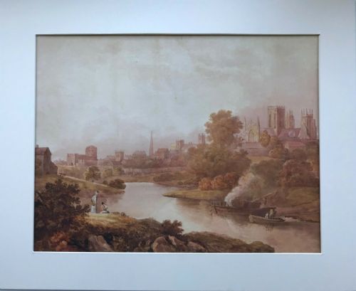 fig 1. Early 19th Century English Antique Watercolour Painting York South West View Minster & Figures by the River Foss