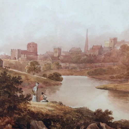 fig 2. Early 19th Century English Antique Watercolour Painting York South West View Minster & Figures by the River Foss