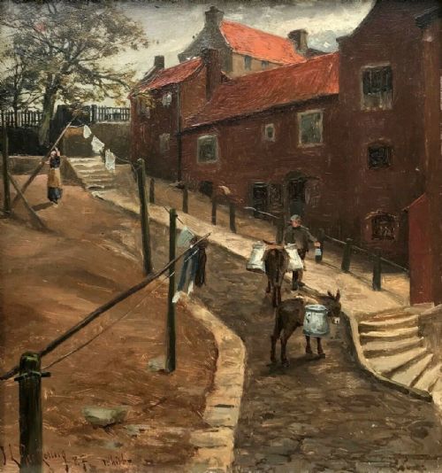 Joseph L Pickering Rba Roi Signed Original Antique Oil Painting on Wooden Panel, Skate Street Whitby North Yorkshire Coast