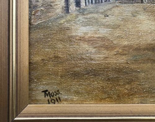 fig 1. Thomas Moss 1911 Signed Original Antique Oil Painting on Canvas Gate House Scene English Landscape